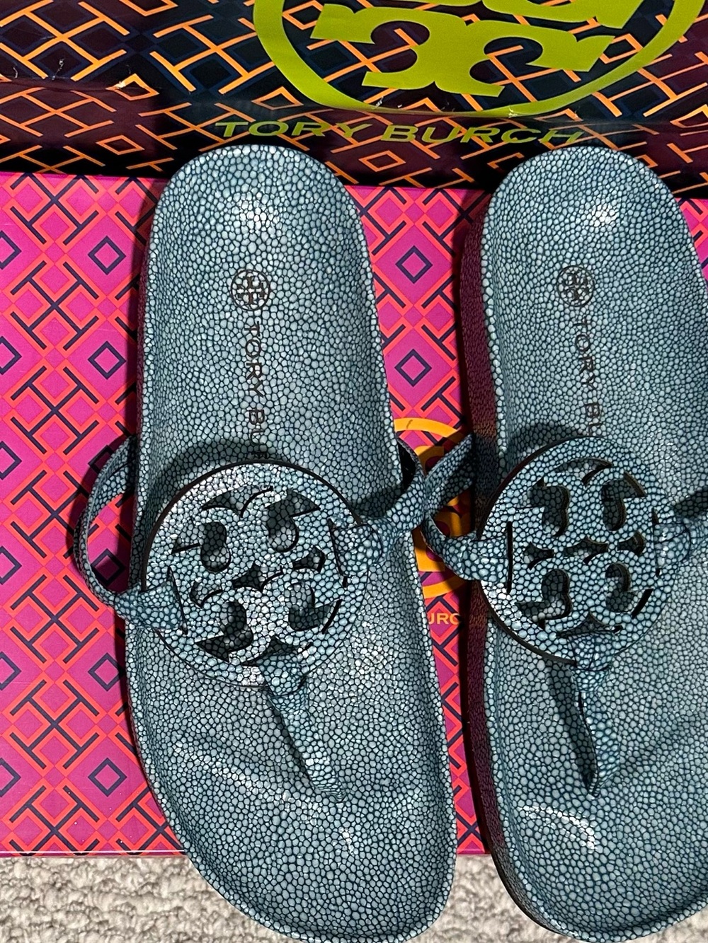 Tory Burch Teal Logo Thong Sandals